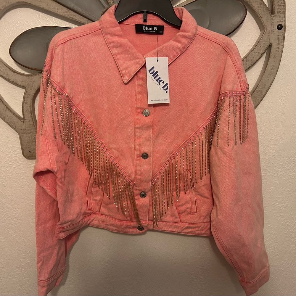 Pink Blingy Fringe Denim Jacket